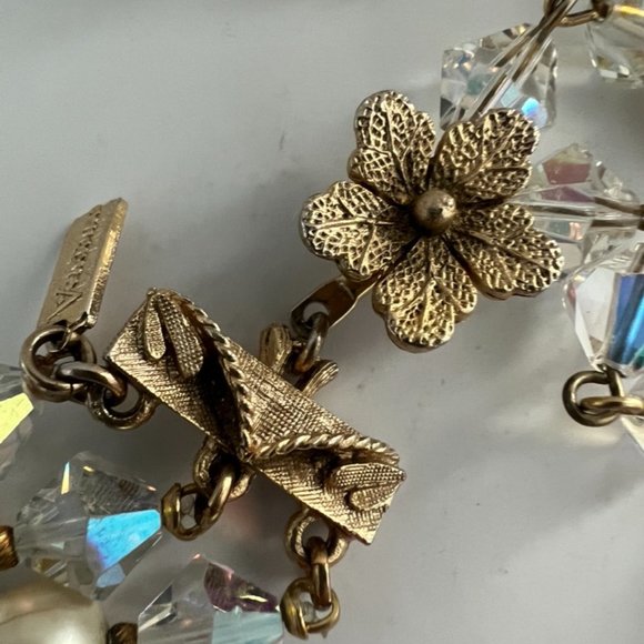 Vintage Vendome 3 Strand Faux Pearl AB Crystal Gold Filigree Necklace Earrings - Picture 10 of 15